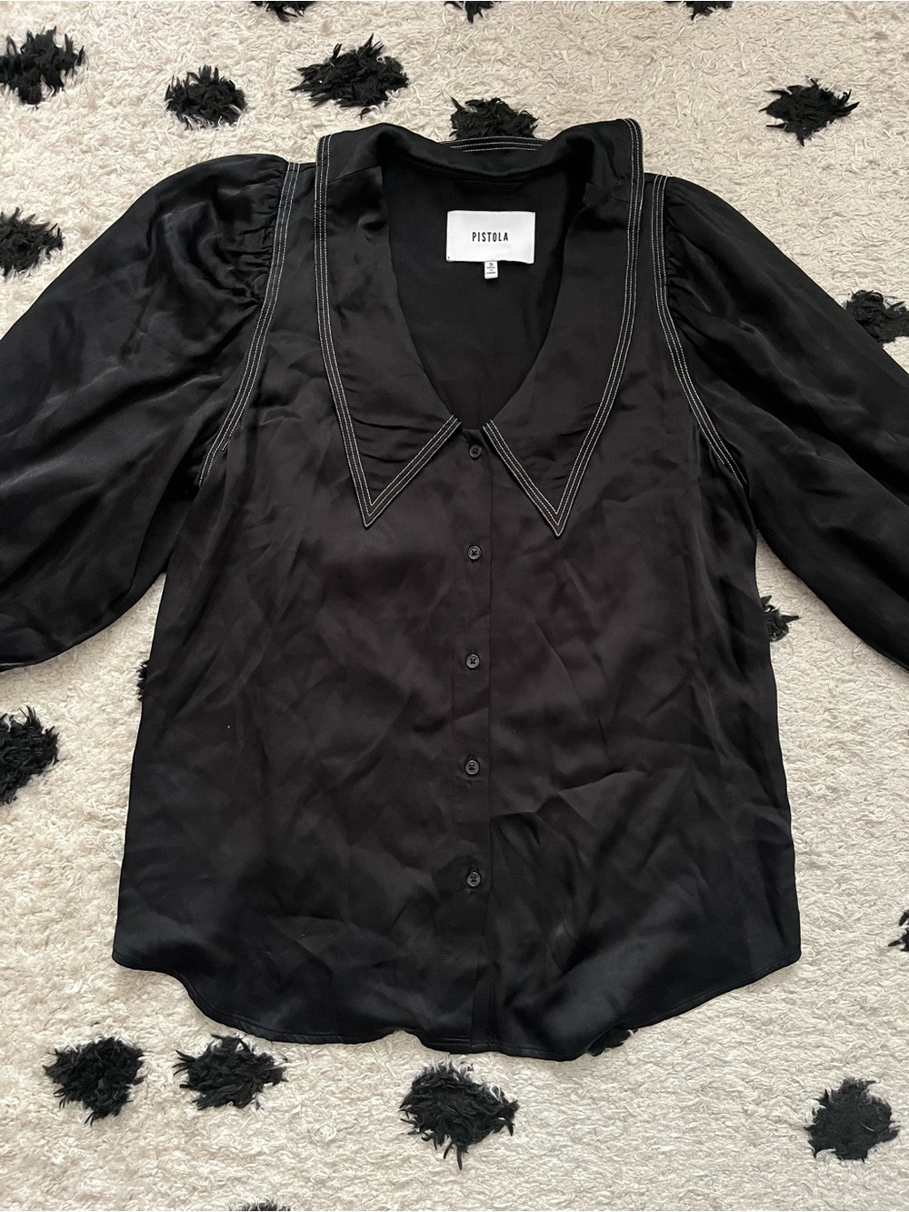 Pistola size Small Black Button up Satin Contrast Stitching sailor collar blouse